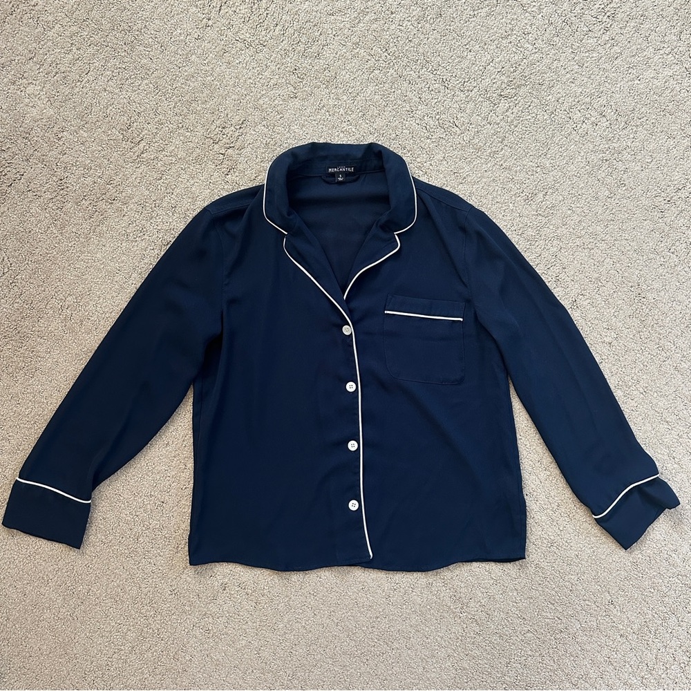 JCrew Women’s Navy Blue & White Trim Chiffon Pajama Blouse Top Sz Small